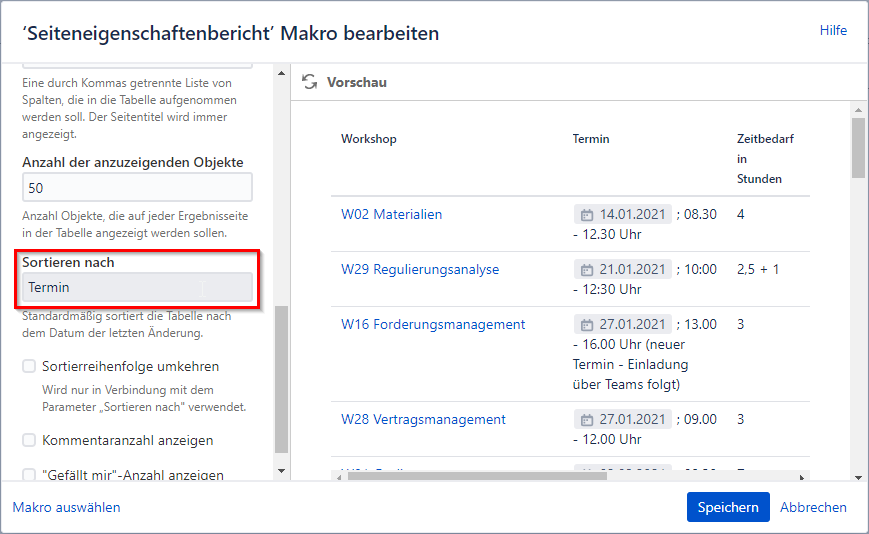 Makro 'Seiteneigenschaftenbericht' - Parameter 'Sortieren nach' ist gleich Tabellenspalte 'Termin'.png