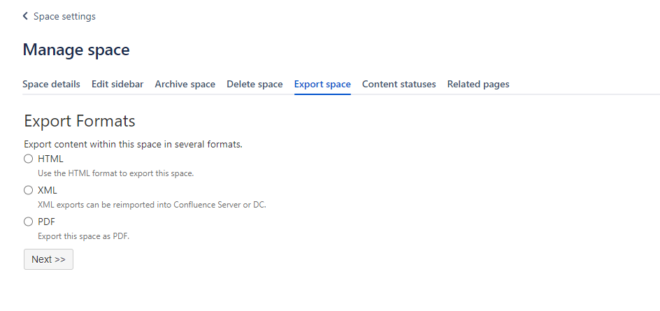 Confluence space export options.png