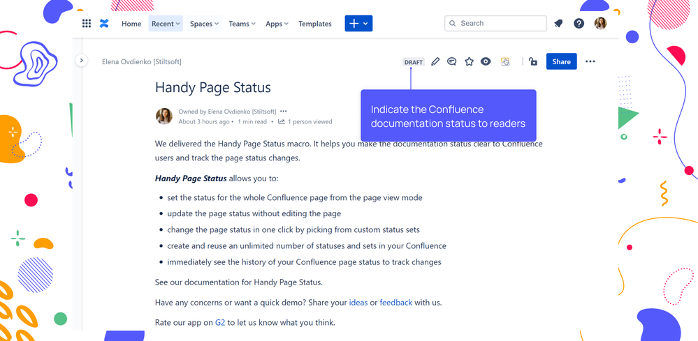 Indicate the Confluence documentation status to readers.png