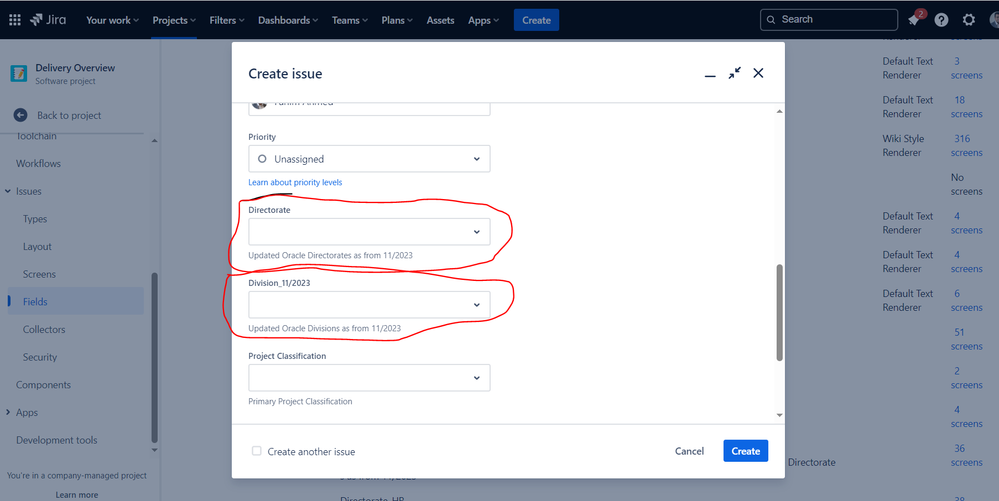 Create issue screen with old fields that have now been replaced.PNG
