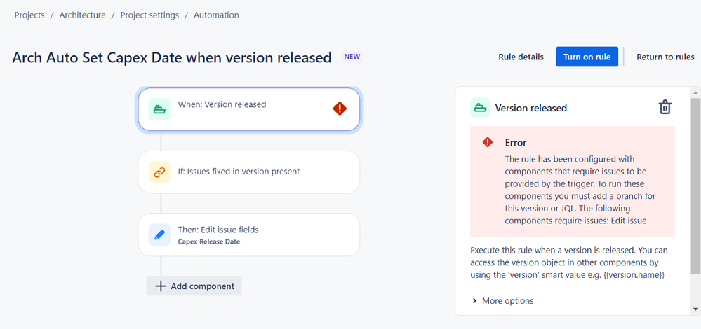 Automation to set a capex date on version release error.png