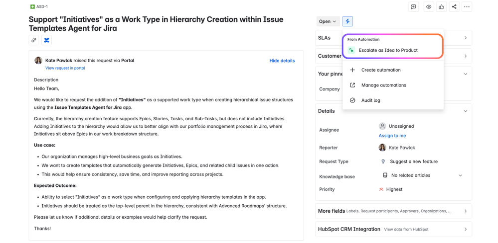 HubSpot Data in Jira Product Discovery - Jira automation - Work Item view.png